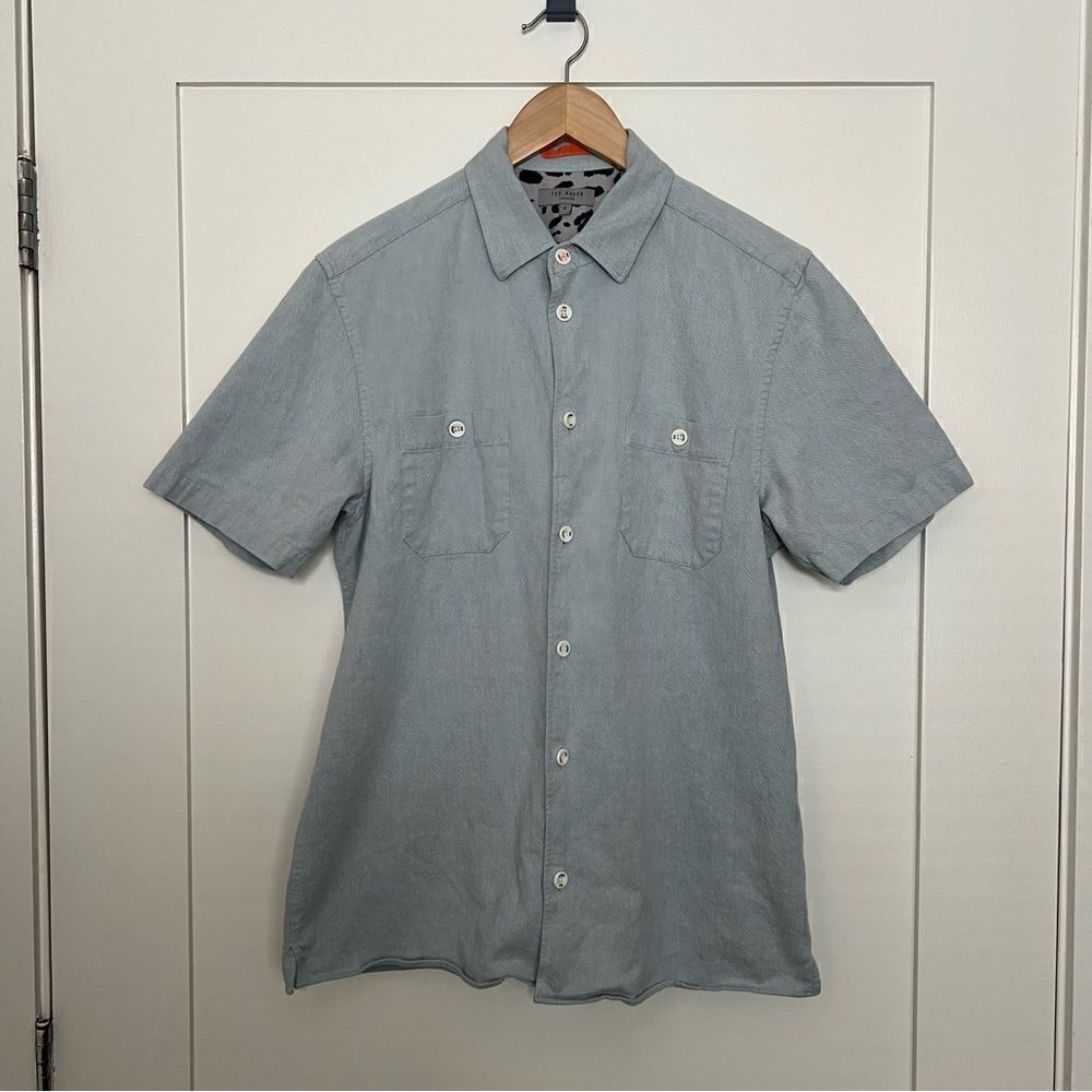 Ted Baker London Shirt Mens Large (4) Light Blue Button Up Short Sleeve Pockets